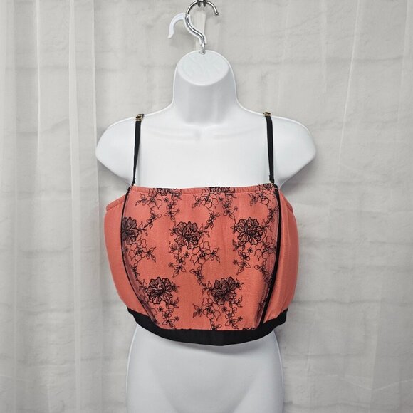 Lela Rose Salmon Black Lace Cropped Tank Top Corset Back Boho Goth Gypsy 18/20 - Picture 1 of 11